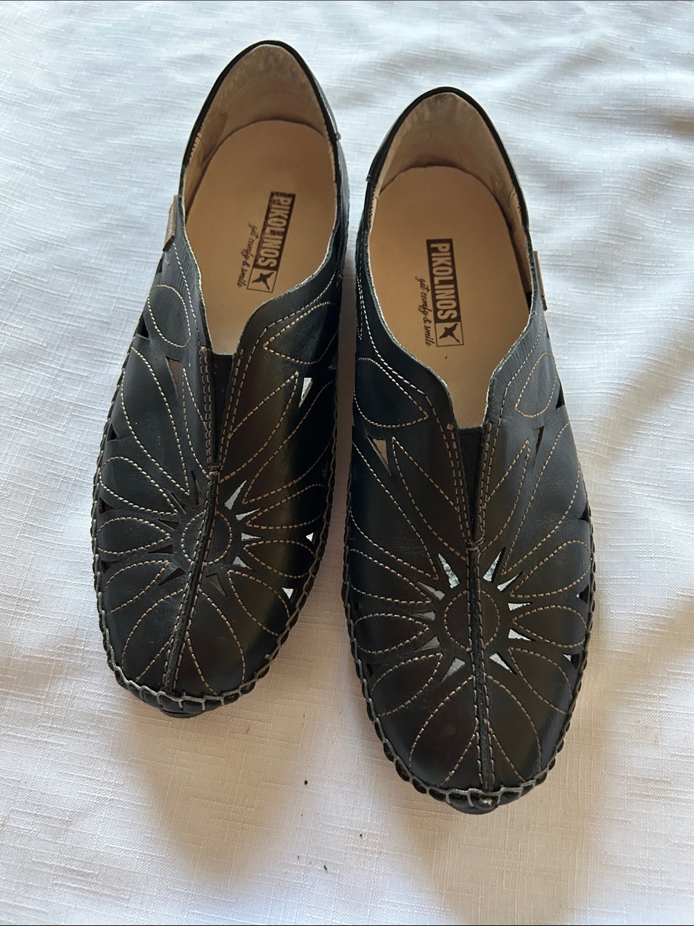 PIKOLINOS Black Leather Slip-On Loafers with Sunburst Stitching